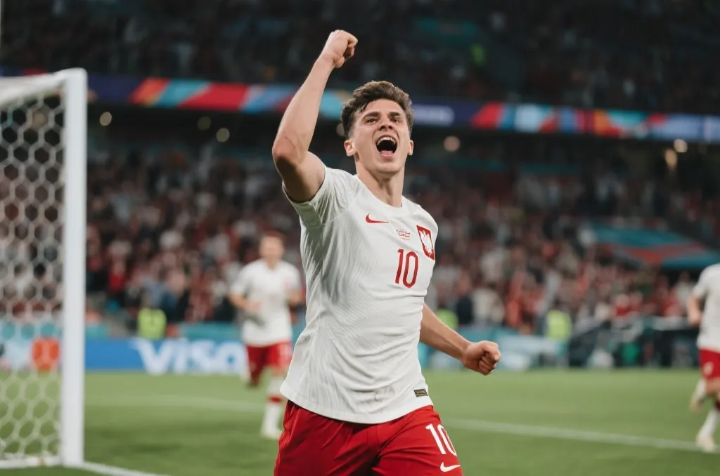 A soccer player in a white and red jersey celebrating a goal dynamically, stadium crowd blurred in background, cinematic sports photography