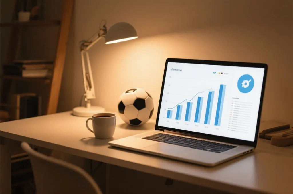 A modern desk with a laptop displaying clean data charts and a soccer ball icon
