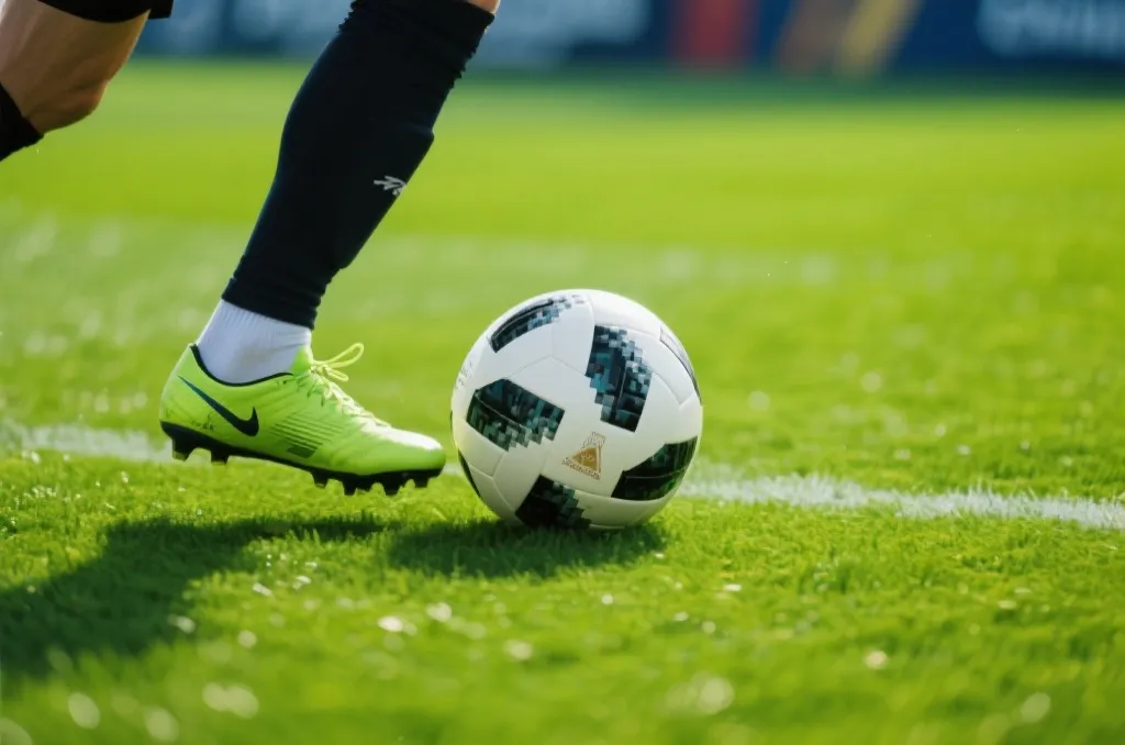 Close-up shot of a soccer player's feet dribbling a modern tournament soccer ball on a lush green grass pitch, action blur