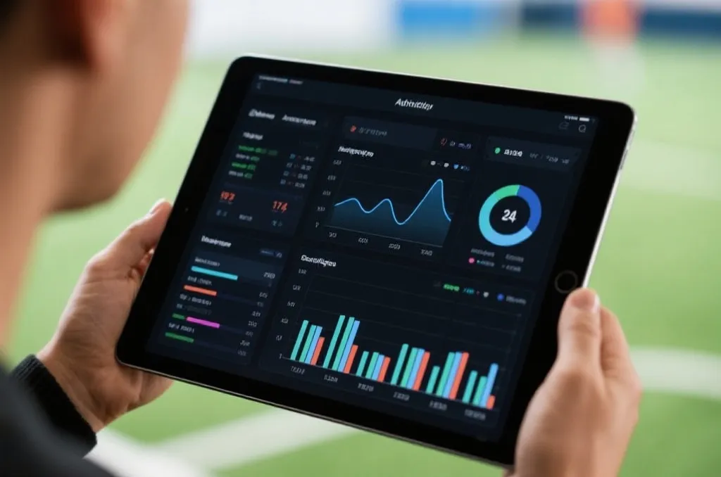 A modern sports analytics dashboard on a tablet screen showing statistical data analysis